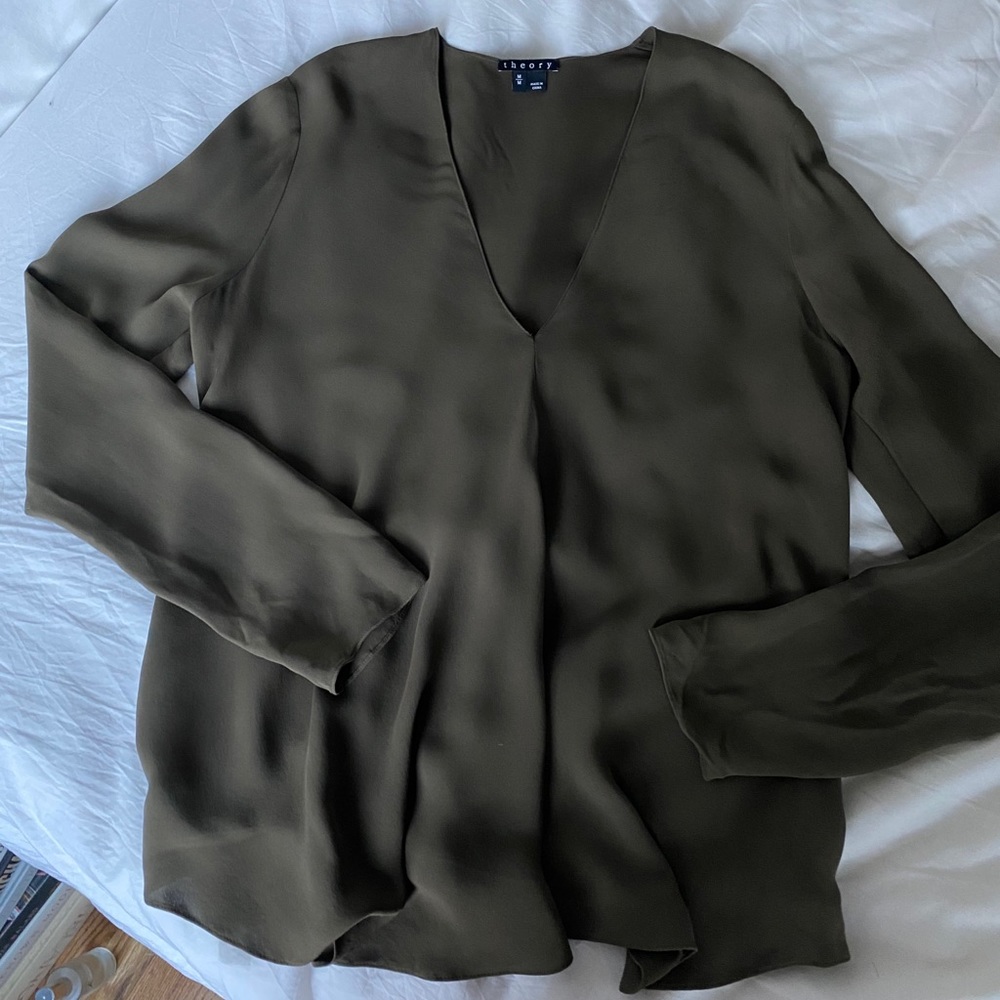 Theory Olive Green V-Neck Long Sleeve Blouse - Picture 4 of 7